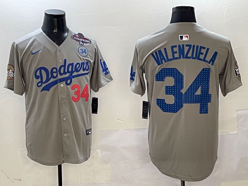 Men Los Angeles Dodgers 34 Valenzuela Grey Blue Fashion Game 2025 Nike MLB Jersey style 3262